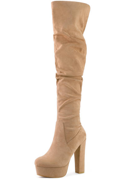 Allegra K - Platform Round Toe Slouch Thigh High Boots