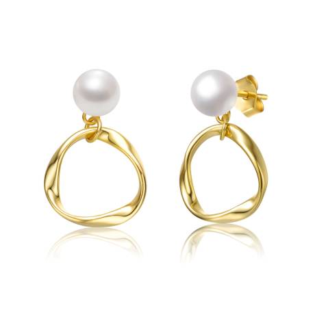 Genevive Sterling Silver 14k Yellow Gold Plated with White Pearl Twisted Eternity Circle Halo Double Drop Dangle Earrings