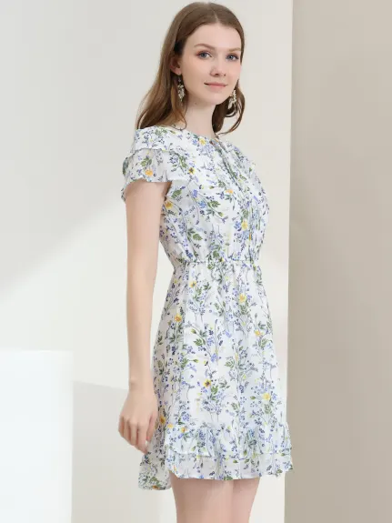 Allegra K- Ruffle Sleeve Self-Tie V Neck A-Line Floral Chiffon Dress