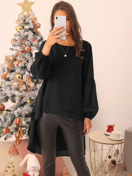 Allegra K- Lantern Long Sleeve High Low Asymmetrical Irregular Hem Top