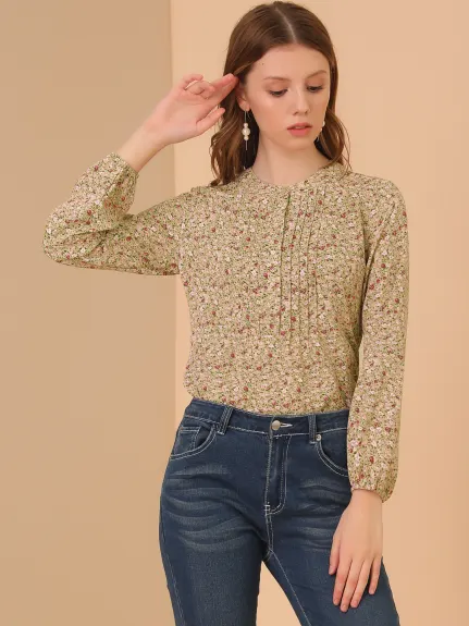 Allegra K- Pleated Front Long Sleeve Floral Peasant Blouse