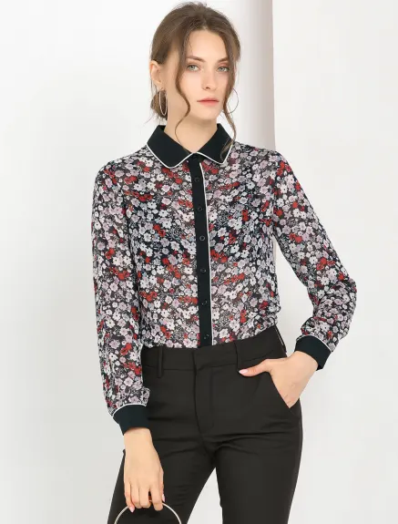 Allegra K- Floral Button up Contrast Color Shirt