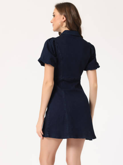 Allegra K- Puff Short Sleeve Button Denim Shirt Dress