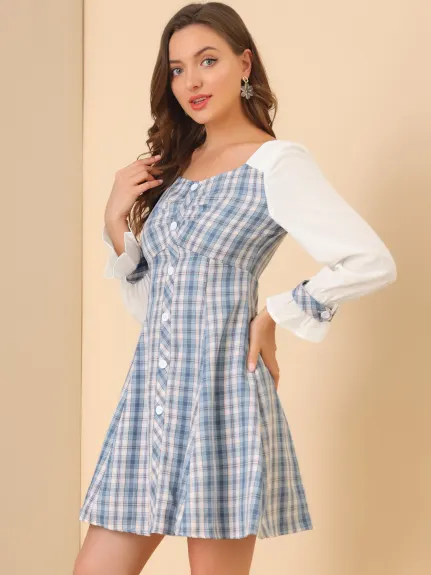 Allegra K- Jolie robe à carreaux avec col en cœur et panneau contrasté