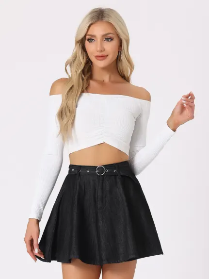 Allegra K- Belted A-Line Mini Denim Skirt