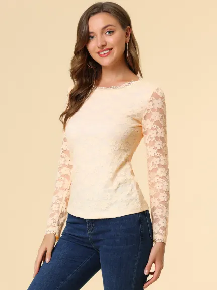 Allegra K- Round Neck Long Sleeve Embroidery Lace Blouse