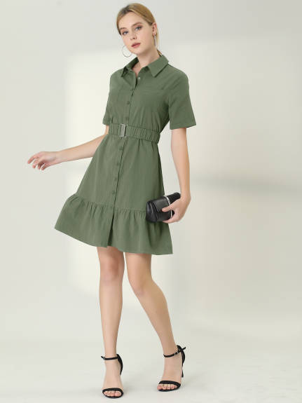 Allegra K- Ruffled Hem Belted Button Up Mini Dress