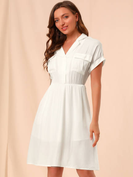 Allegra K- Notched Lapel V-Neck A-Line Shirt Dress