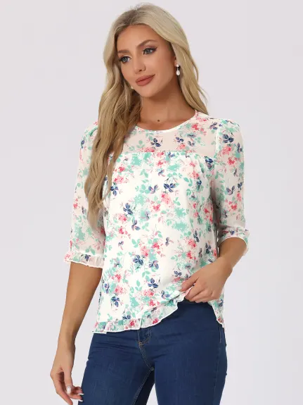 Allegra K- Floral Ruffled 3/4 Sleeve Chiffon Blouses