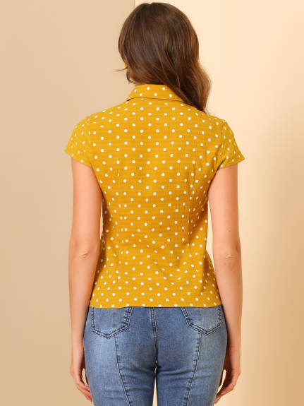 Allegra K- Point Collar Polka Dots Summer Shirt