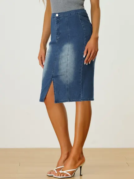 Allegra K- Jupe crayon en denim fendue à taille élastique