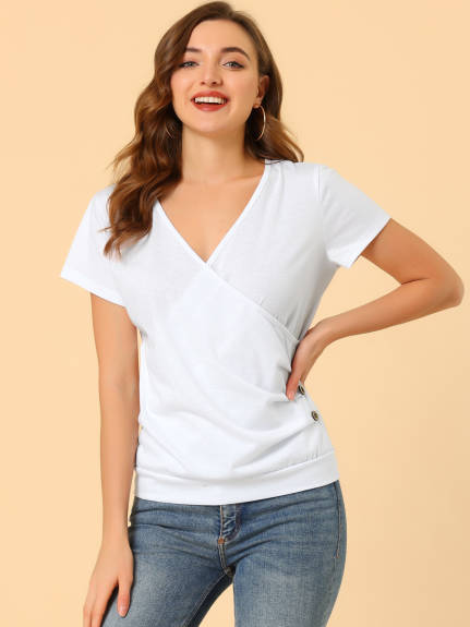 Allegra K - Wrap V Neck Short Sleeve Ruched Top