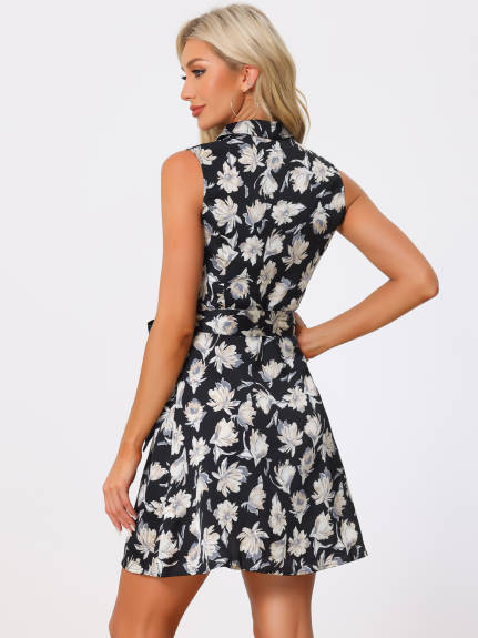 Allegra K - Sleeveless Turndown Collar Summer Floral Dress