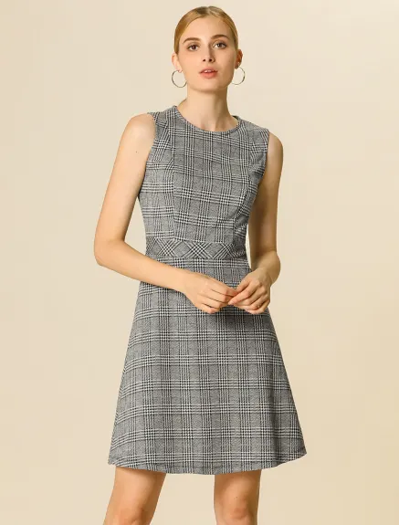 Allegra K- Sleeveless Plaid Houndstooth Flare Dress