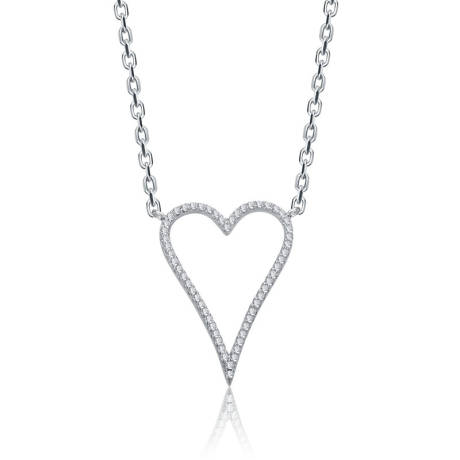 Rachel Glauber White Gold Plated with Clear Cubic Zirconia Elongated Open Heart Halo Pendant Necklace