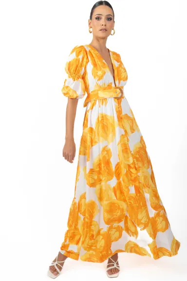 AKALIA Verona Maxi Robe Florale Femme Jaune