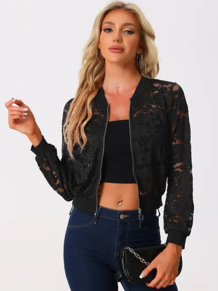 Allegra K- Lace Zip Up Mesh Sheer Jacket