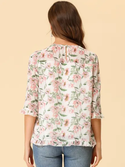 Allegra K- Blouse florale en mousseline à manches 3/4 et à volants