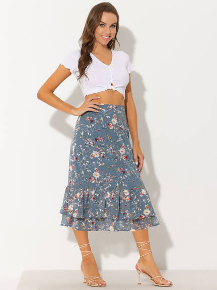 Allegra K- Printed Chiffon Ruffle Tiered Zipper Midi Skirt