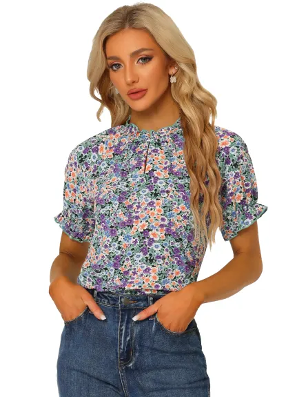 Allegra K- Blouse florale à manches courtes et col à volants