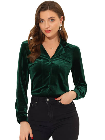 Allegra K- Velvet V Neck Long Sleeve Shirt Blouse