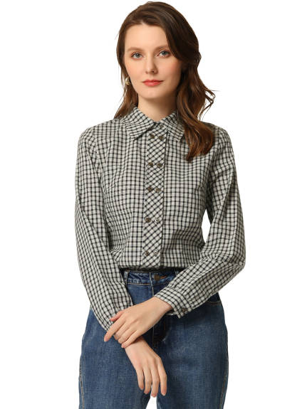 Allegra K- Plaid Point Collar Long Sleeve Double Breasted Shirt