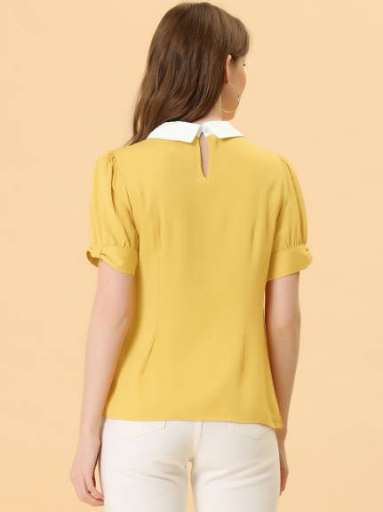 Allegra K- Pan Collar Puff Short Sleeve Pleated Blosue