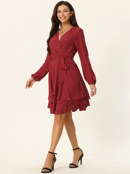 Allegra K- Deep V Neck Wrap Long Sleeve Belted Mini Skating Flowy Dress