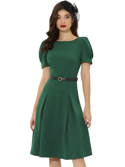 Allegra K- Elegant Belted Boat Neck Short Sleeve Dress