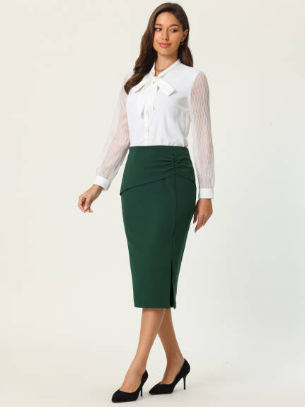 Hobemty- Ruched Slit Knee Length Pencil Skirt