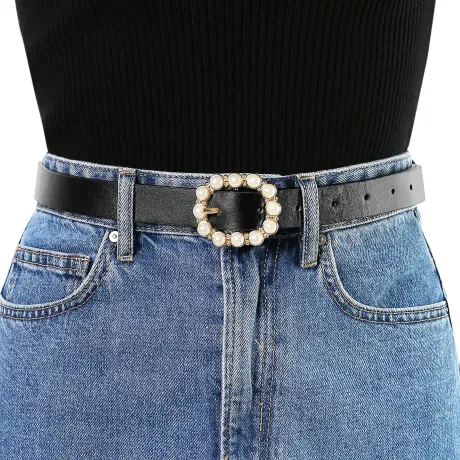 Allegra K- Pearl Waistband Skinny Leather Pin Buckle Belt