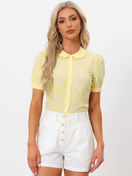 Allegra K - Puff Sleeve Peter Pan Collar Gingham Shirt