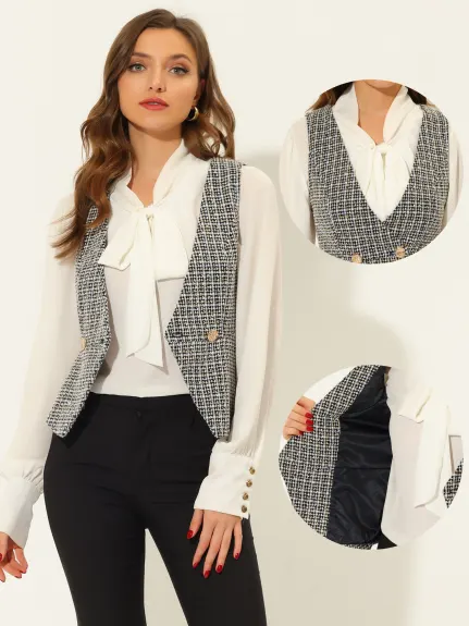 Allegra K- Gilet croisé en tweed à carreaux