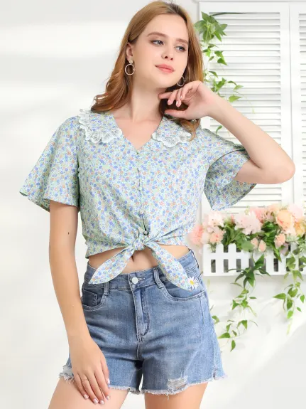 Allegra K - Peter Pan Collar Tie Knot Floral Cropped Top