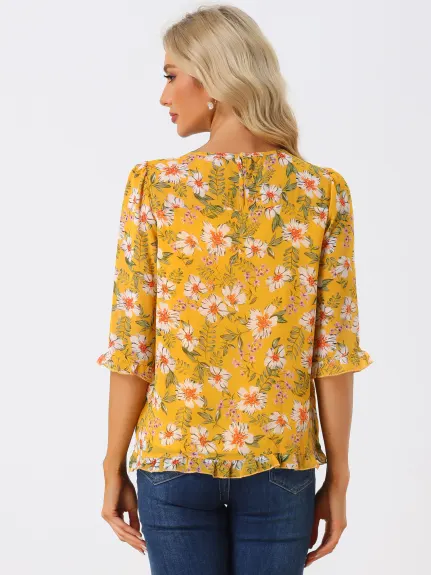 Allegra K- Blouse florale en mousseline à manches 3/4 et à volants