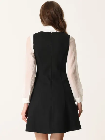 Allegra K- Pinafore A-Line Double Breasted Overall Suspender Dress