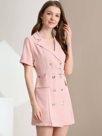 Allegra K- Lapel Collar Double Breasted Short Sleeve Mini Blazer Dress