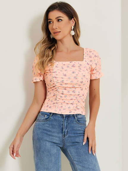 Allegra K- Smocked Crop Slim Fit Peasant Floral Blouse