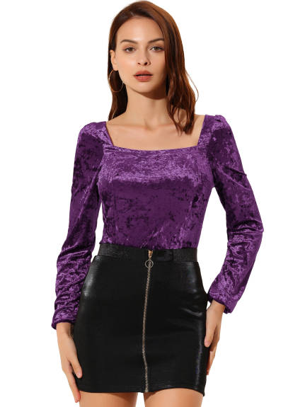 Allegra K- Velvet Long Sleeve Square Neck Blouse Top