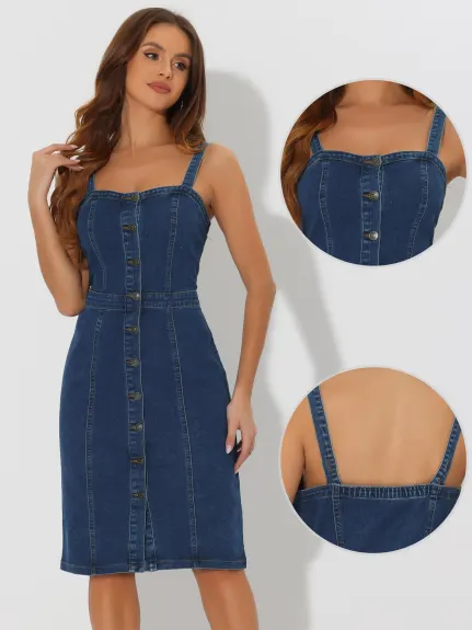 Allegra K- Button Down Sleeveless Sweetheart Neck Denim Dress