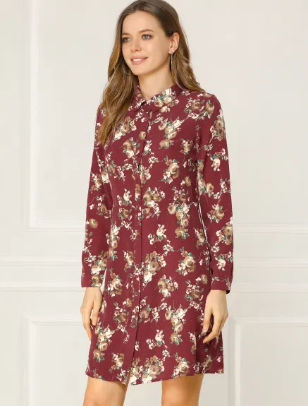 Allegra K- Lapel Button Down Belted Floral Shirt Dress