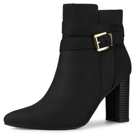 Allegra K- Pointed Toe Buckle Decor Heel Ankle Boots