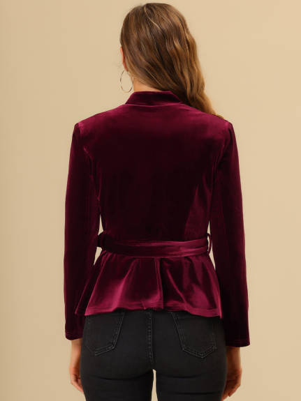 Allegra K- Velvet Belted Lapel Collar Blazer Jacket