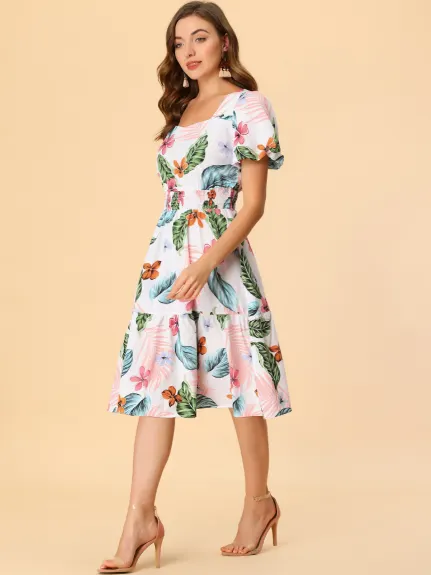 Allegra K- Chiffon Puff Sleeve Tiered Hem Tropical Print Dress