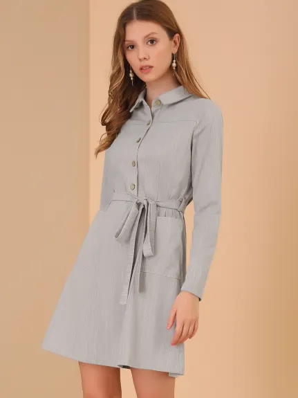 Allegra K- Half Placket Long Sleeve Belted Shirt Dress