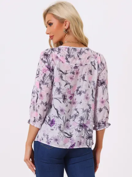 Allegra K- Tie V Neck Ruffled 3/4 Sleeve Floral Blouse