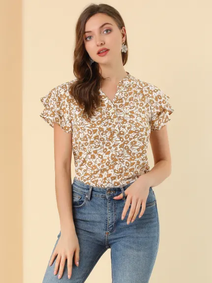 Allegra K - Summer Floral Button V Neck Peasant Top