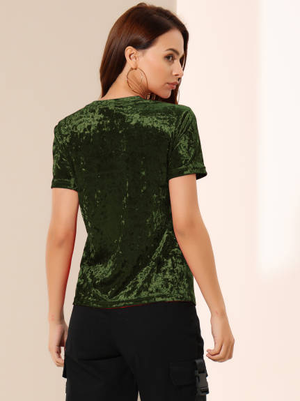 Allegra K- Velvet Top Crew Neck Short Sleeve T-Shirt