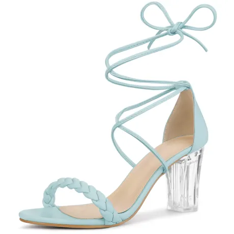 Allegra K- Woven Braided Lace Up Clear Block Heel Sandals