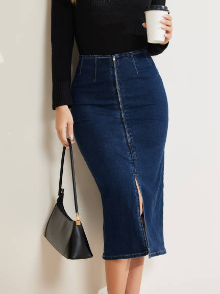 Allegra K - Front Slit Maxi Bodycon Denim Skirt